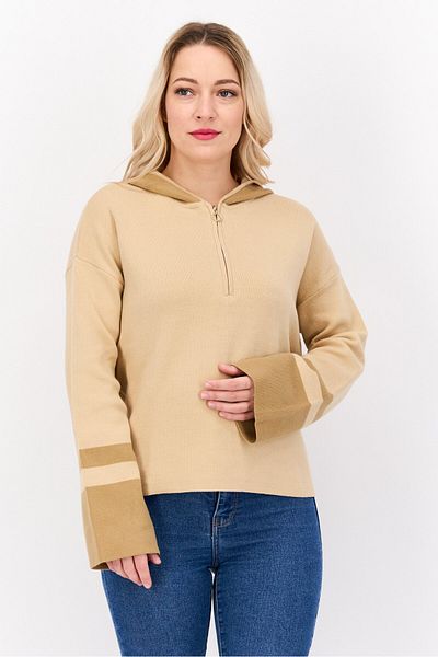 Esprit Women Half Zip Long Sleeve Sweatshirts, Camel