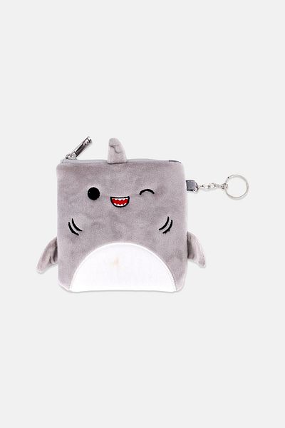 Squishmallows محفظة نقود من القطيفة على شكل شارك جوردون، 13 ارتفاع × 14 طول × 2 عرض، رمادية