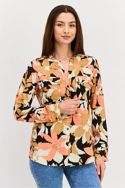 Calvin Klein Women Split Neck Long Sleeve All Over Print Blouse, Brown