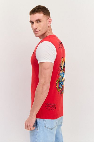 Ed Hardy Men V-neck Graphic Print Sleeveless Sweater Vest, Red Combo