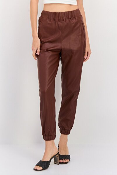 INC Women Regular Fit Plain Leather Pants, Brown
