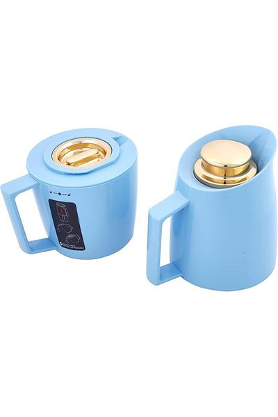 ALSAIF Deva Coffee And Tea Vaccum Flask Set In Gold/light Blue / Leak-proof And Keeps Drinks Hot 0.5/0.5l