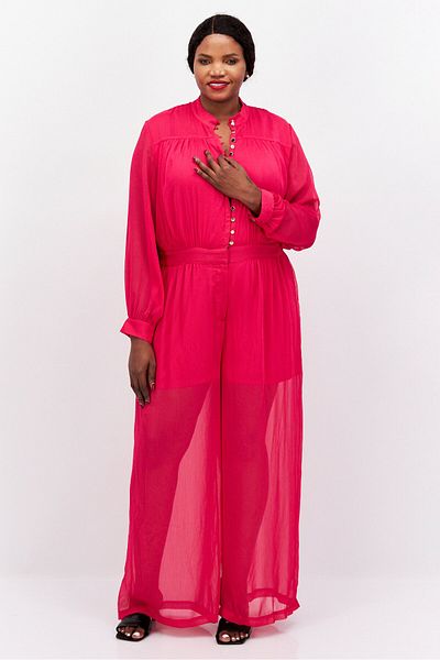 Nina Parker Women Plus Size Textured Long Sleeve Jumpsuit, Pink