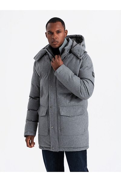 OMBRE Teplá dlouhá pánská bunda parka s vlnou - šedá melanž V1 OM-JALJ-0217 XL