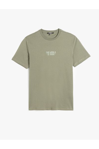 Koton Crew Neck Short Sleeve Cotton Slogan Print Slim Fit T-Shirt