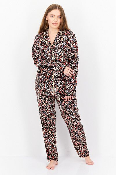 Triumph Women 2 Pcs Floral Print Top And Bottom Pajama Set, Black Combo