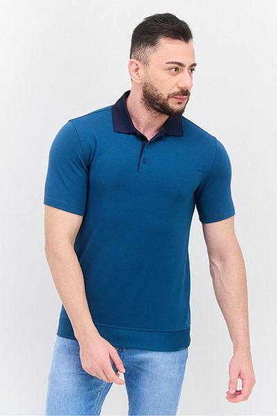 Kenneth Cole Men Regular Fit Textured Short Sleeves Polo Shirt, Teal Blue
