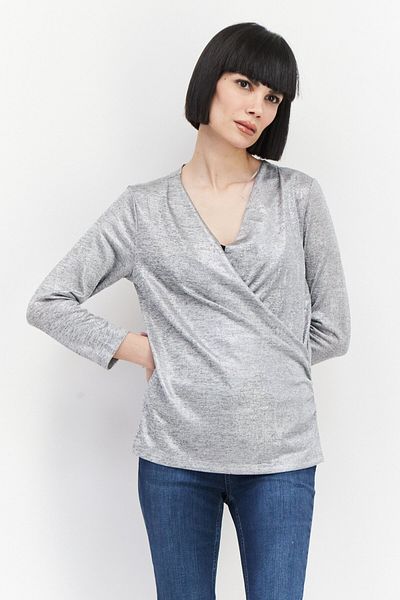Studio by JPR بلوزة نسائية ملفوفة معدنية بأكمام 3/4 ورقبة دائرية، فضية
