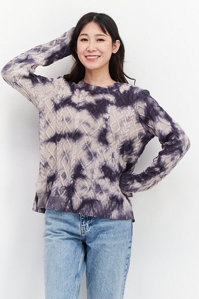 Nicole Miller Women Petite Crew Neck Long Sleeve Tie Dye Knitted Sweatshirt, Beige
