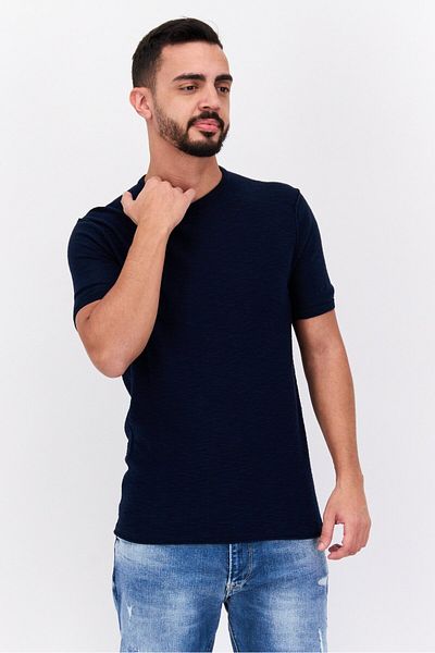 Esprit Men Crew Neck Short Sleeve Textured T-shirts, Navy Blue