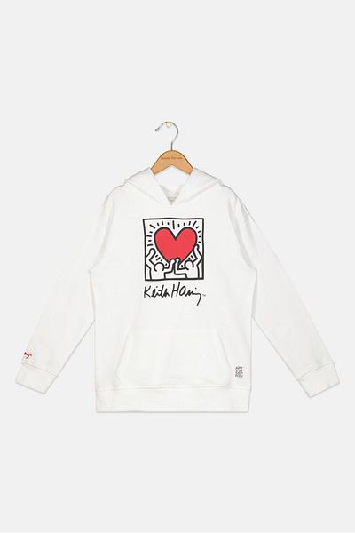 Keith Haring Kids Girl Hooded Neck Long Sleeve Graphic Sweatshirt, Off White