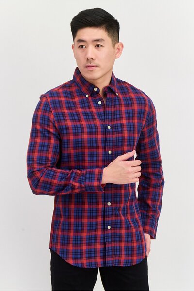 Chaps قميص رجالي كاجوال منقوش بأكمام طويلة وقصّة عادية، أزرق داكن