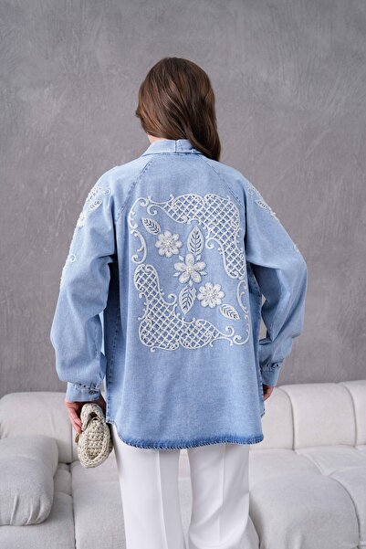 Genel Markalar Kadın Arkası Ve Kolları Nakışlı İnci Detaylı Kot Kimono Ceket
