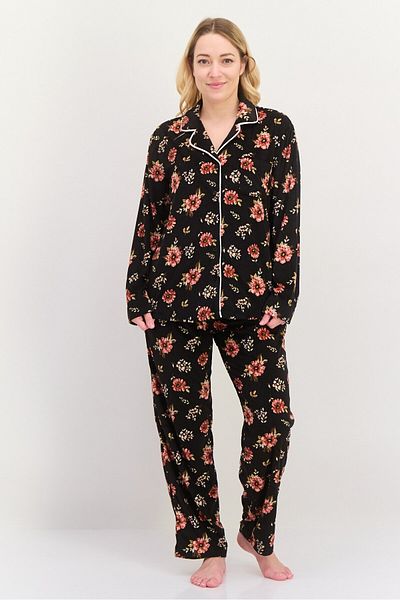 Jones of New York Women 2 Pieces Floral Print Top And Pajama Set, Black