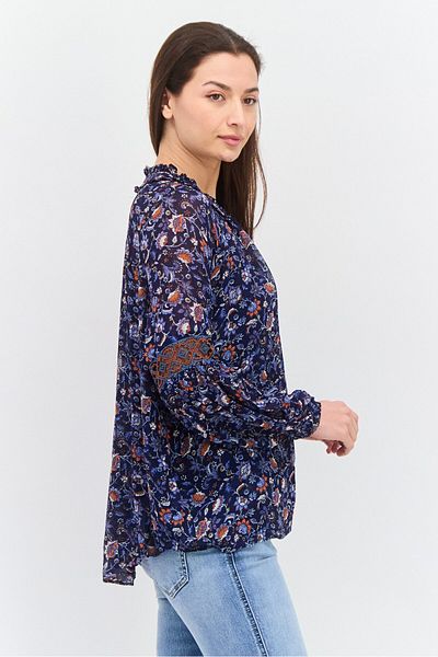 Pepe Jeans Women Tie Neck Long Sleeves Floral Print Blouse, Navy Combo