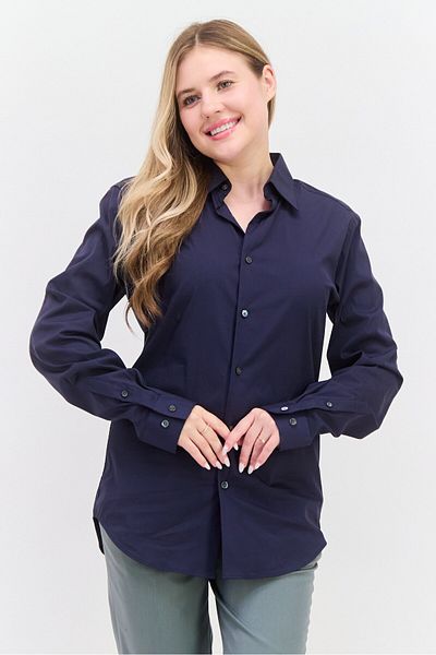 THEORY Women Pointed Collar Long Sleeve Solid Shirt, Navy