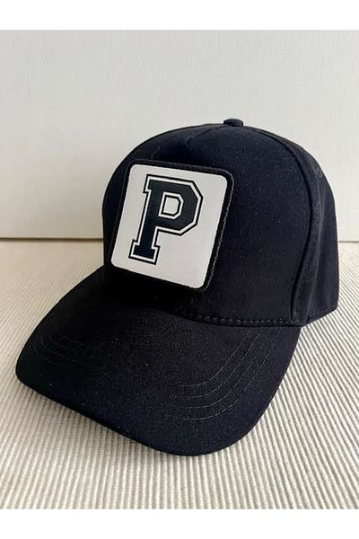 CosmoOutlet 100% Cotton Men's Black Hat with Letter P Adjustable Changeable Sticker on the Back