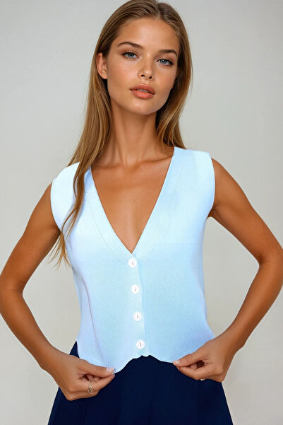 VAGGON Γυναικείο καλοκαιρινό πλεκτό γιλέκο Baby Blue με λαιμόκοψη με κουμπιά