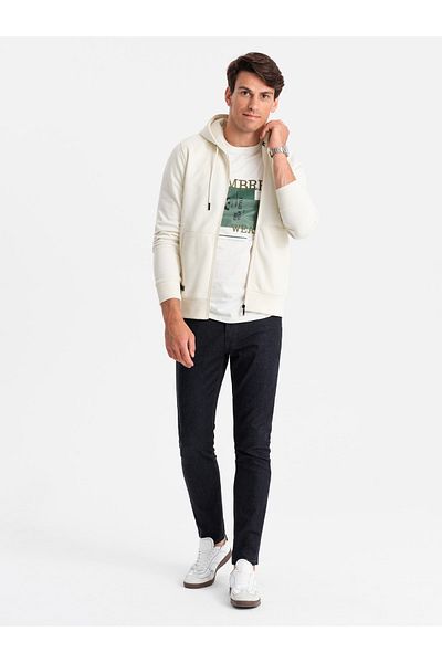 OMBRE Pánská bavlněná mikina BASIC rozepnutá - krémová V5 OM-SSBZ-0160 L