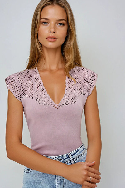 VAGGON Γυναικεία μπλούζα με εποχιακή πλεκτή μπλούζα με λαιμόκοψη σε σκόνη Prmx13378