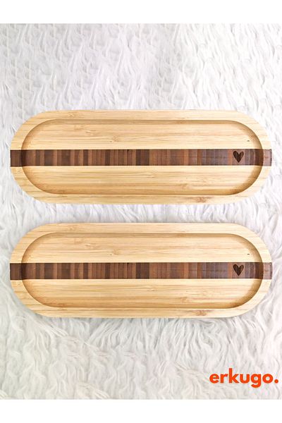 ERKUGO 2 Pieces of Bamboo Heart Patterned Oval Serving Plate, Presentation Plate (25.5 X 9.5 cm)