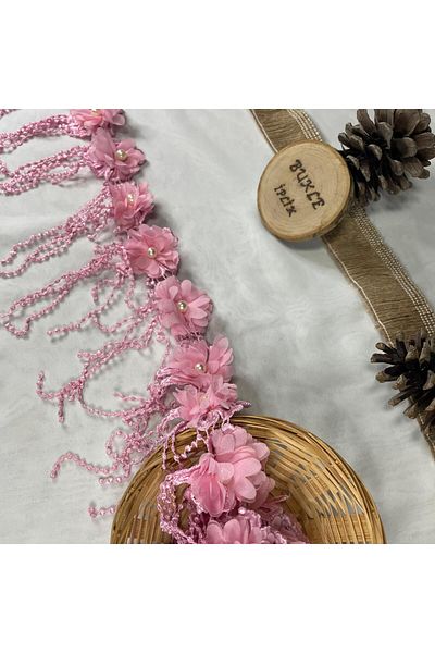 Bukle İplik Floral Patterned Ball Fringed Pearl and Tulle Detailed Decorative Small Ribbon (4 cm Width) - 1 Meter