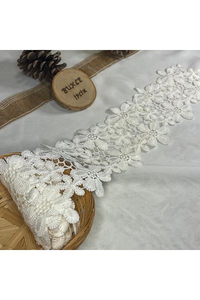 Bukle İplik Double Floral Patterned Guipure Decorative Small Strip (10 cm Width) - 1 Meter