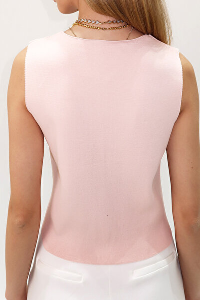 VAGGON Women's Pink V-Neck Buttoned Summer Knitwear Vest Vgn-X10402