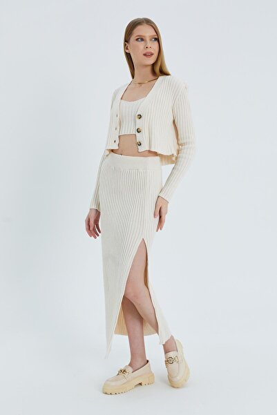 Shopping Shop Beige Color Triple Knitwear Skirt Set