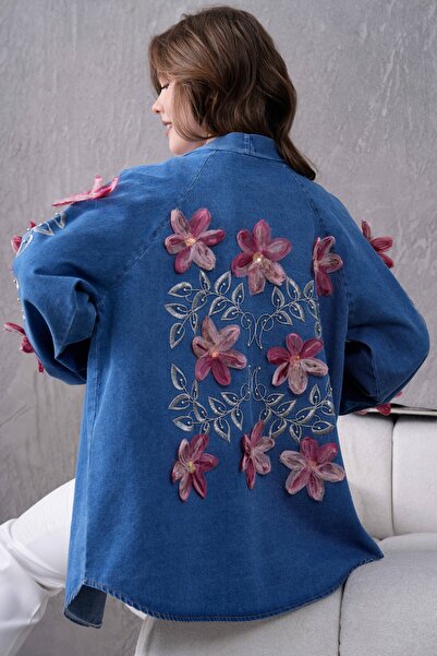 Generic Brand Women's Denim Kimono Jacket with Embroidered Tulle Flowers and ...