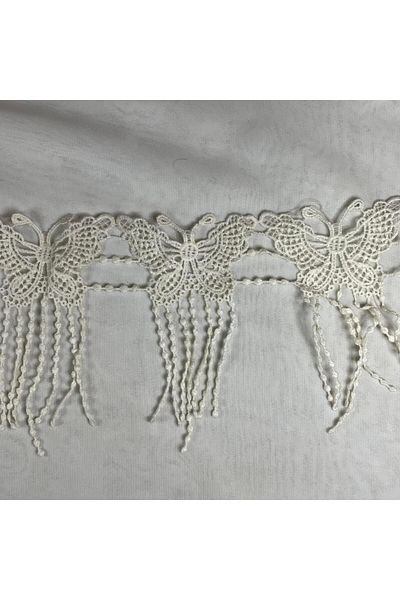 Bukle İplik Butterfly Patterned Bead Fringed Guipure Decorative Strip (8 cm Width) - 1 Meter