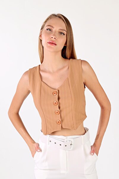 Rays 4288A Camel Vest - Clamp Detailed Stripes
