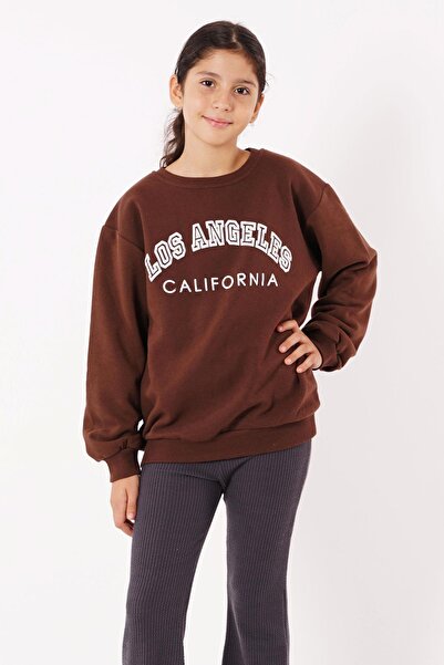 zepkids Κοριτσίστικο φούτερ με μακρυμάνικη λαιμόκοψη California Text σε καφέ χρώμα