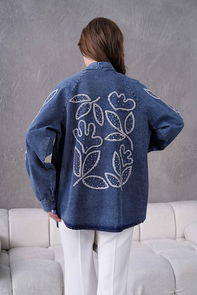 Miss Allos Jachetă kimono din denim pentru femei, cu spate și mâneci, broderie cu paiete și piatră