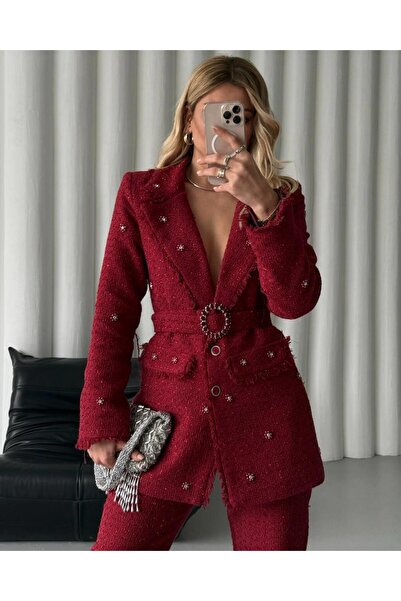 MDZ COLLECTION İşlemeli Kemer Detaylı Kırmızı Ceket Pantolon Takım