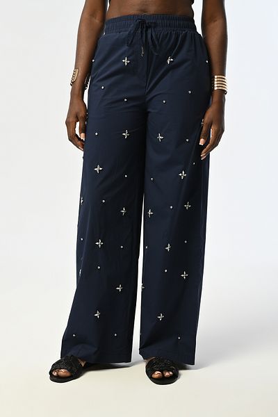 Orfeo Negro Women's with Elastic Waist Lace Front Stone Embroidered Lace Pant
