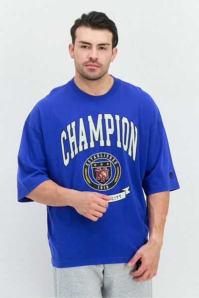 Champion تي شيرت رجالي خارجي بأكمام قصيرة وقصة مربعة، أزرق