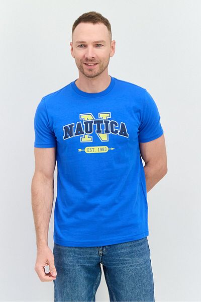 Nautica Men Crew Neck Short Sleeve Brand Logo T-shirt, Blue