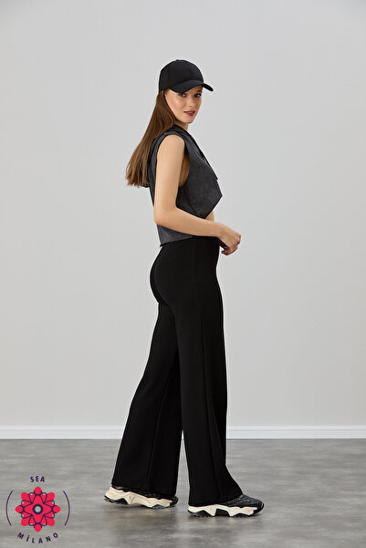 FEMİNEER.com Kadın Siyah Bol Kalıp Çımalı Yüksek Bel Likralı Toparlayıcı Pantolon