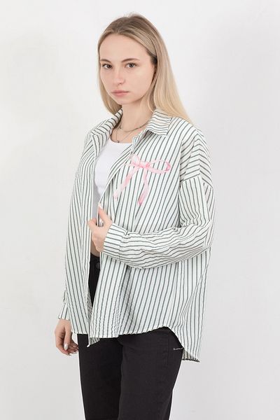 GİYSA Cămașă de damă cu dungi supradimensionate alb kaki - imprimeu cu fundă - 71567