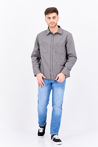 Threadbare Men Plain Long Sleeve Jacket Shirt, Grey