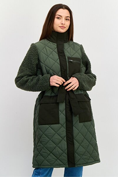 Envii جاكيت باركا نسائي بأكمام طويلة وحزام مبطن، أخضر