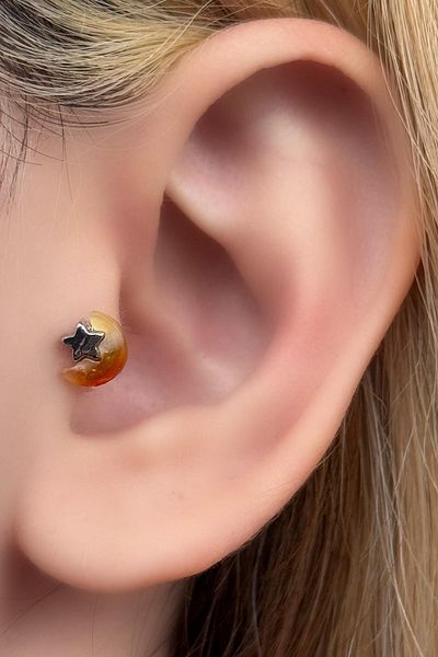 TAKIŞTIR Silver Color Moon and Star Figured Stone Detailed Surgical Steel Tragus/ Cartilage Earring/Piercing (Single)