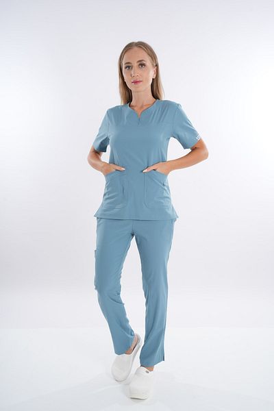 Nur Medikal Giyim Model de afaceri Soft Lycra Cool Petrol Blue Doctor Asistentă Spital Scrubs Uniforme Set