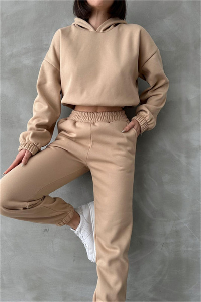 CC STORE Raised 3 Thread Crop Sweat Pants Tracksuit Set Beige