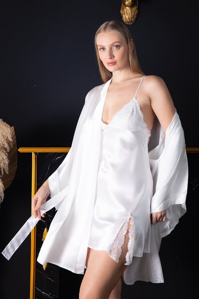 Lunoche Nightwear Satin Women's Guipure Lace and Back Detailed Satin Dowry Double Nightgown Dressing Gown Set