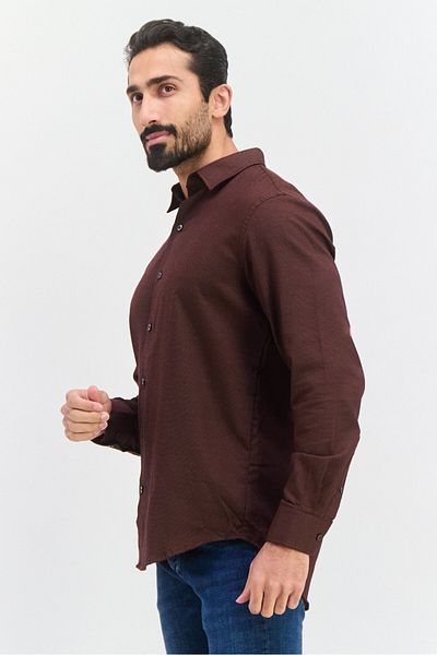 VAN HEUSEN Men Regular Fit Birdseye Pattern Long Sleeve Dress Shirt, Dark Brown
