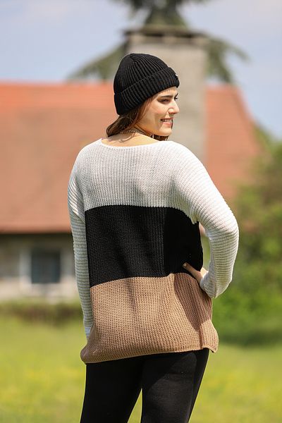ALCHON V-Neck Long Sleeve Striped Detail Asymmetrical Corduroy Long Bat Sleeve Three Color Block Knitwear Sweater