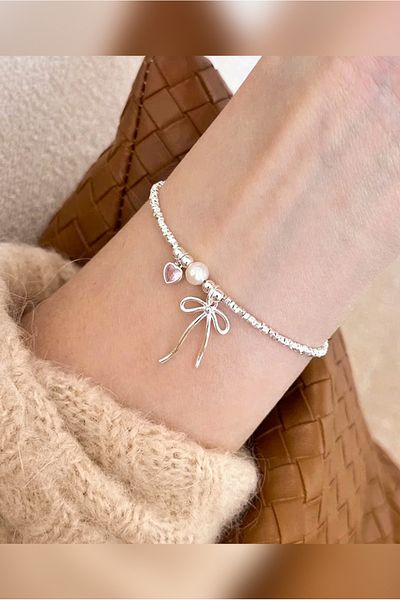 The Collection Pink Heart Detailed Pinterest Pearl Stone Princess Steel Bracelet with Bow Ribbon
