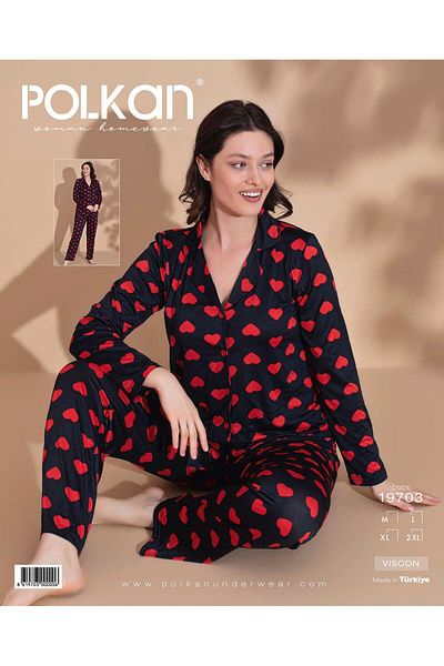 POLKAN Heart Viscose Fabric Buttoned Long Sleeve Pajamas Set
